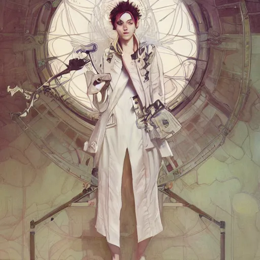 Image similar to white trench coat, technology, fantasy, clothing design, art by joseph leyendecker, peter mohrbacher, ruan jia, marc simonetti, ayami kojima, cedric peyravernay, alphonse mucha, victo ngai