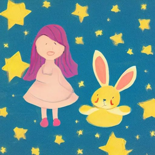 Prompt: girl and rabbit sleeping against a stars fantasy