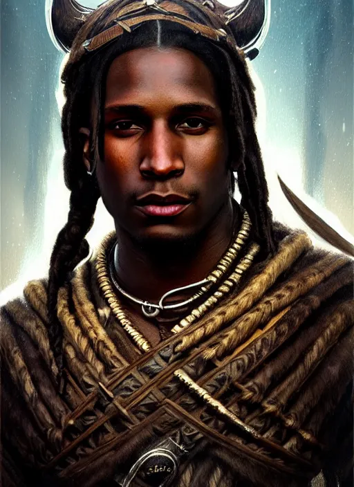 Prompt: portrait of asap rocky as a viking, intricate, headshot, highly detailed, digital painting, artstation, concept art, sharp focus, cinematic lighting, illustration, art by artgerm and greg rutkowski, alphonse mucha, cgsociety