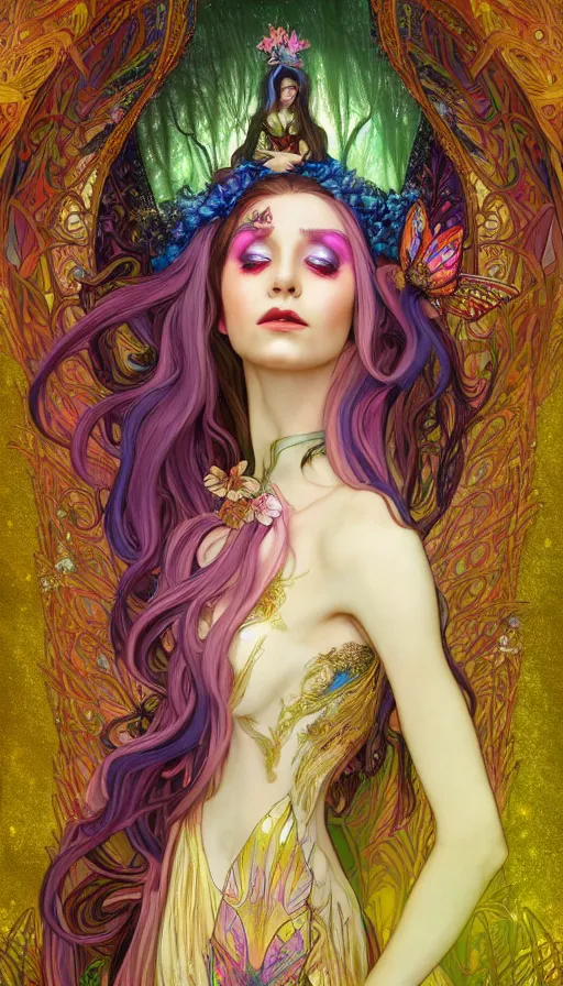 Prompt: a colorful and stunningly beautiful female faerie priestess in amanita muscaria forest landscape, symmetrical wings on back, neon hair, fantasy art, wearing a dress of gossamer gold, dark light night, sharp focus, digital painting, 4 k, concept art, art by charlie bowater and alphonse mucha, brom, face by otto schmidt