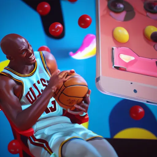 Image similar to Michael Jordan playing candy crush on his phone during the nba finals, matte painting, concept art, cgsociety, octane render, trending on artstation, artstationHD, artstationHQ, unreal engine, 4k, 8k