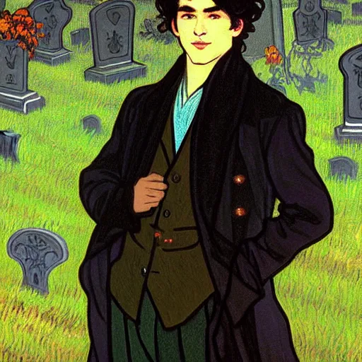 Image similar to painting of young cute handsome beautiful dark medium wavy hair man in his 2 0 s named shadow taehyung and cute handsome beautiful min - jun together at the graveyard party, ghostly, haunted gravestones, ghosts, autumn! colors, elegant, wearing suits!, clothes!, stylish, delicate facial features, art by alphonse mucha, vincent van gogh, egon schiele