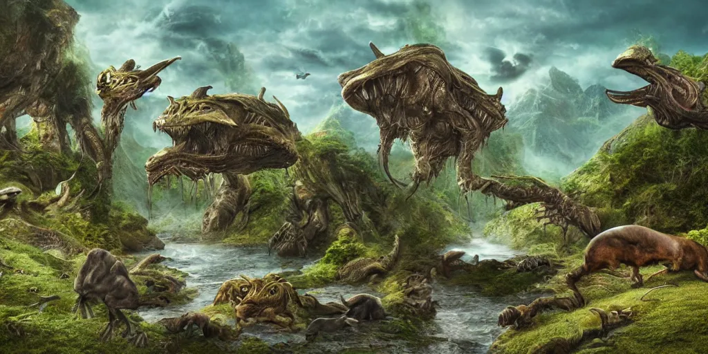 Image similar to landscape image with various different alien animals, extremely detailed digital matte painting