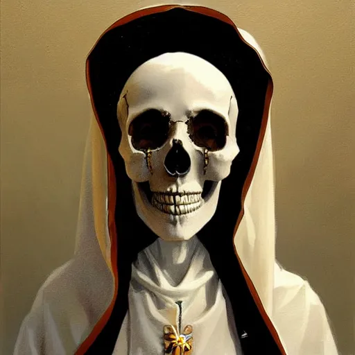 Image similar to painting of the virgin mary skull face by greg rutkowski and jc leyendecker