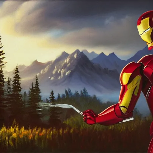 Image similar to a closeup photorealistic photograph of bob ross painting an image of iron man on a large canvas. mountains and trees. film still. brightly lit scene. this 4 k hd image is trending on artstation, featured on behance, well - rendered, extra crisp, features intricate detail, epic composition and the style of unreal engine.