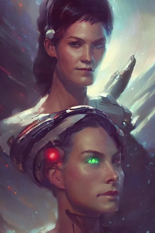 Image similar to A full portrait of a scifi heavy deep space freighter pilot, by Raymond Swanland Greg Rutkowski Lise Deharm, {perfect face}, {perfect eyes}, elegant regal posture