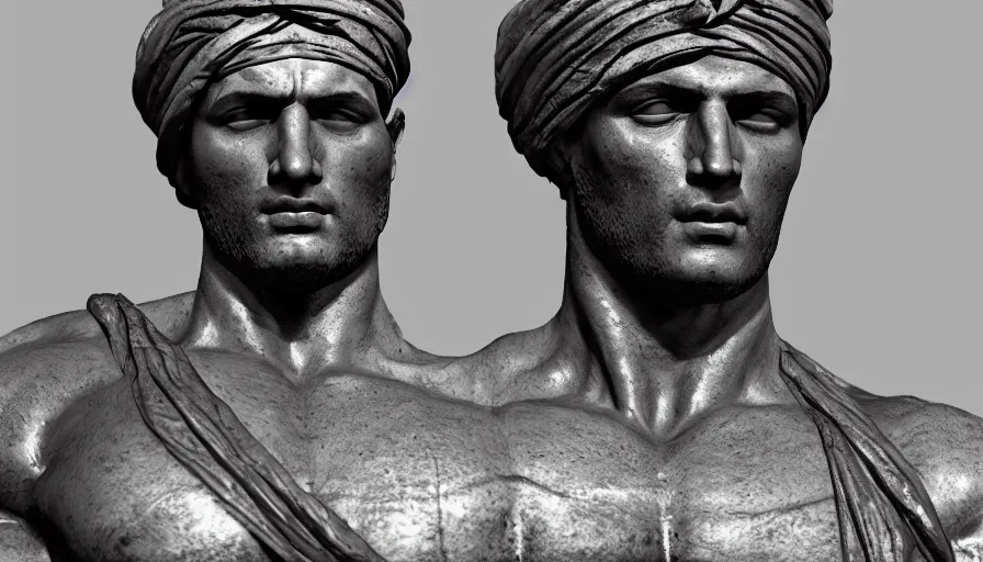 Image similar to roman statue of a muscular man wearing a turban, roman god statue, cinematic shot, oil painting by jama jurabaev, extremely detailed, brush hard, artstation, for aaa game, high quality, brush stroke