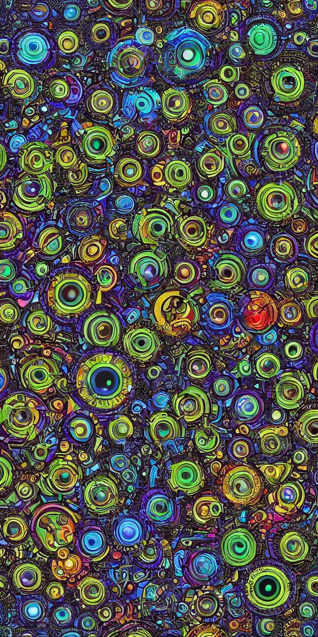 Image similar to a seamless pattern of Cybernetic Eyes with intricate reflections and circuits, colorful, fantasy, vivid colors, symmetrical, large motifs, concept art, sharp focus, digital art, Hyper-realistic, perfect symmetry, karim rashid, Marc Newson, 4K, Unreal Engine, Highly Detailed, HD, Dramatic Lighting by Brom, trending on Artstation, photorealistic, masterpiece, smooth gradients, no blur, sharp focus,insanely detailed and intricate, cinematic lighting, Octane render, epic scene, 8K