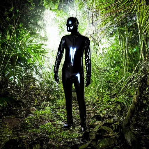 Image similar to national geographic photo, a man wearing a black shiny latex suit including pants and a shirt and mask crawling through dense jungle underbrush, night photo,