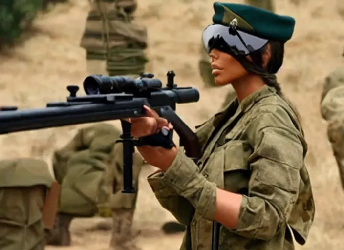 Image similar to a film still of kim kardashian as a soldier firing a rifle, open neckline, backround : warzone