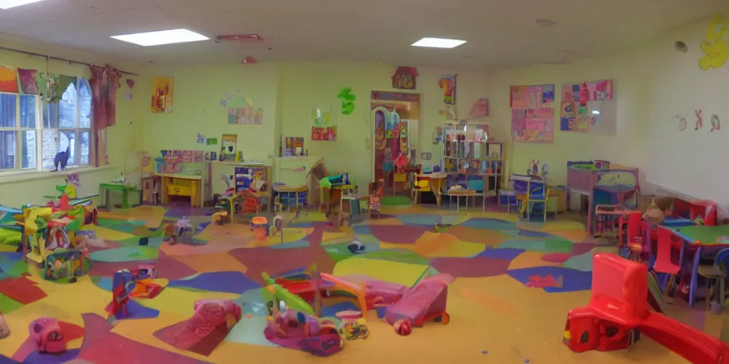 Image similar to childrens daycare indoors limital space, not well litt, creepy photo