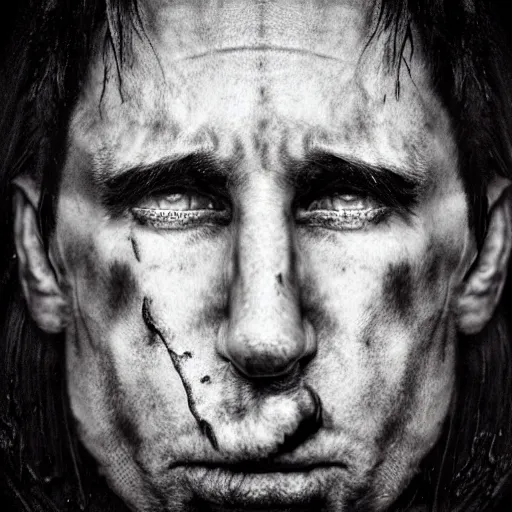 Image similar to portrait of trent reznor with long hair as a zombie by lee jeffries and michael hussar, horror, grotesque, award winning, sony a 7 r, trending on artstation