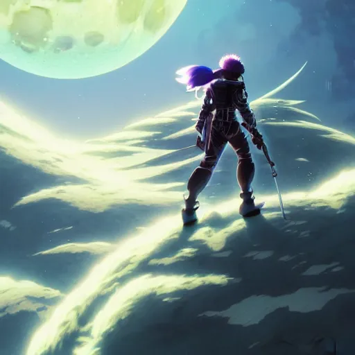 Prompt: moonwalker, like genji up in the clouds, filthy as charge, anime, retro punk, moonscape of the fifth dimensional rift into alt punk, by hayao miyazaki and rossdraws and artgerm and greg rutkowski and studio trigger, high quality, stunning, intricate detailed environment. 8 k