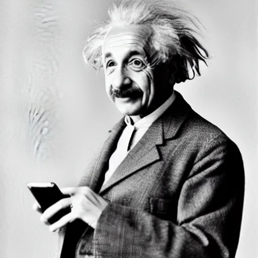 Prompt: Albert Einstein showing his Samsung galaxy note phone to the camera