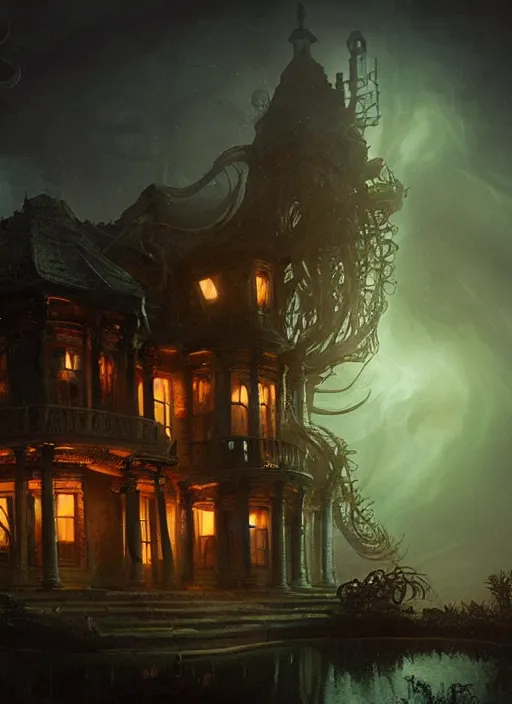 Image similar to giant tentacles destroying a glowing mansion in burning vapor dramatic lighting, artstation, matte painting, alexander jansson, allen williams, artem chebokha