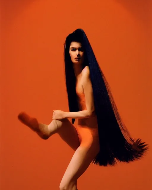 Image similar to expressively dancing on a bold James Turrell lit stage, a beguiling modern dancer dynamic Pantene gorgeous long luxurious hair flowing and flipping, high fashion photograph, isolated on vivid orangered, By Steven Meisel, by WLOP