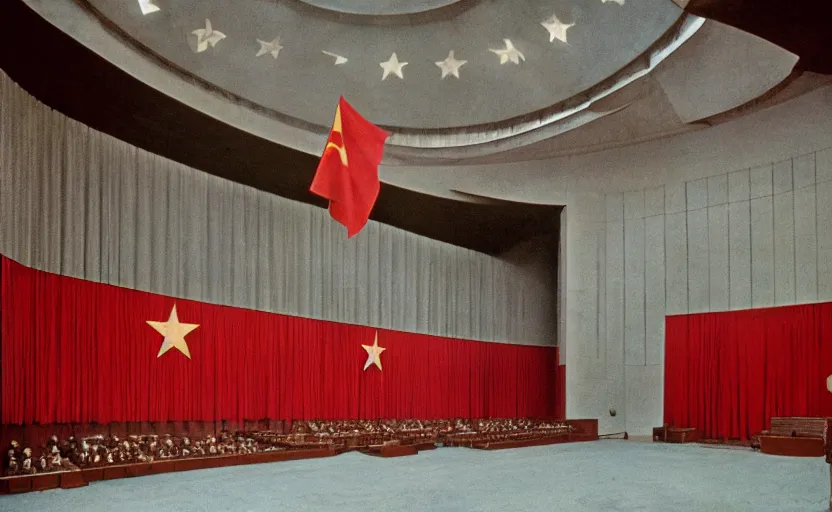 Image similar to 60s movie still of a stalinist style sovietic parlement with a giant USSR flag, by Irving Penn , cinestill 800t 35mm eastmancolor, heavy grainy picture, very detailed, high quality, 4k, HD criterion, precise texture, panoramic, cinematic