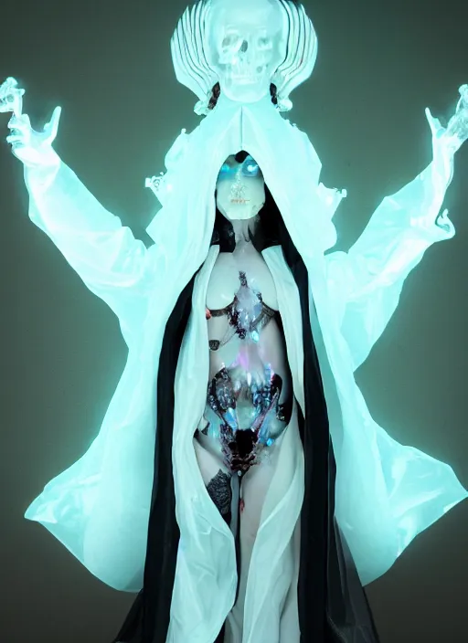 Image similar to photo of fullbodied baroque and bladerunner delicate neon diamond sculpture of seductive onyx albino marble prince zhengyang zhang dotado mint iridescent humanoid deity wearing black plastic trashbag hooded cloak holding hellfire skull in a onyx alien dungeon, reclining, glowing magenta face, crown of white diamonds, cinematic lighting, photorealistic, octane render 8 k depth of field 3 d