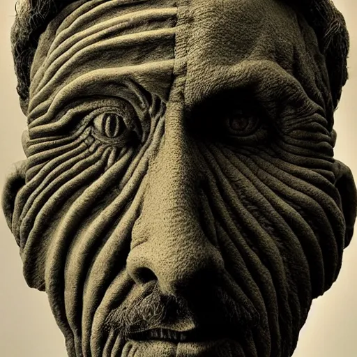 Prompt: surrealism sculpture by enrico ferrarini, a man and his soul are struggling to separate, face