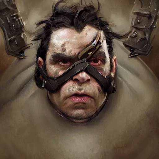 Image similar to a professionally painted portrait of Frank Reynolds, clothed in ancient battle armor, olive skin, curly black hair, beautiful bone structure, symmetrical facial features, scar across face, intricate, elegant, digital painting, trending on Artstation, concept art, smooth, sharp focus, illustration, from Metal Gear by Ruan Jia and Mandy Jurgens and Artgerm and and william-adolphe bouguerea, award winning