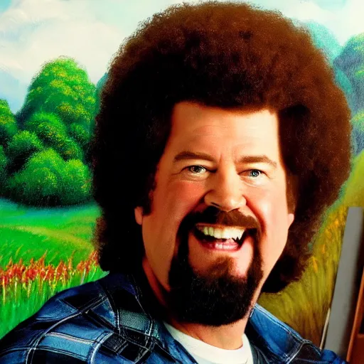 Prompt: a closeup photorealistic photograph of bob ross detailing a canvas painting of kenny powers. film still. brightly lit scene. this 4 k hd image is trending on artstation, featured on behance, well - rendered, extra crisp, features intricate detail, epic composition and the style of unreal engine.