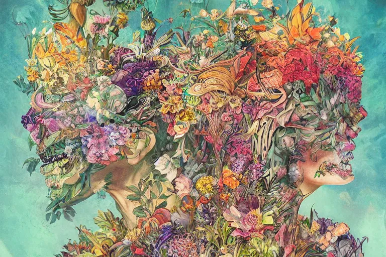 Prompt: a painting of a creature with a lot of flowers and plants on its head, poster art by android jones, behance contest winner, generative art, made of flowers, grotesque, concert poster