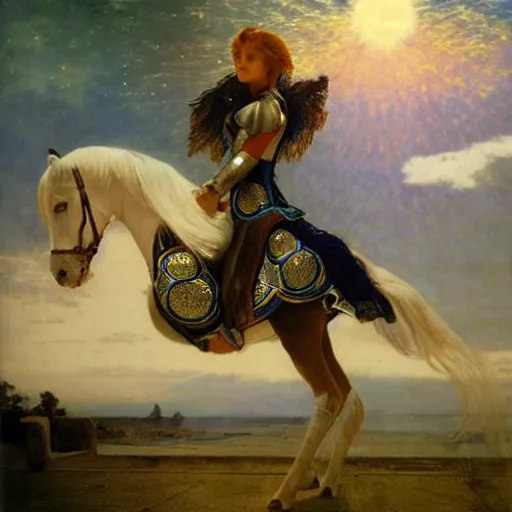 Image similar to Knight girl riding the horse at the palace, refracted sparkles, thunderstorm, greek pool, beach and Tropical vegetation on the background major arcana sky, by paul delaroche, alphonse mucha and arnold böcklin, hyperrealistic 8k, award-winning, very very very detailed
