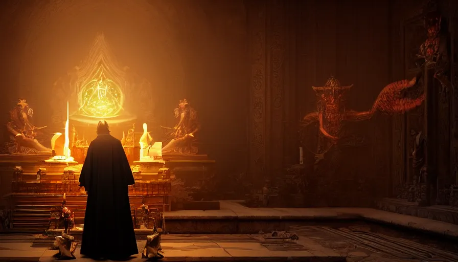 Image similar to ! dream an occult priest performs demonic ritual to summons monsters with magic and a glowing sigil in a fantastic temple, volumetric lighting, magical lighting, raytracing, dynamic lights and shadows, photorealistic render, digital art, wallpaper