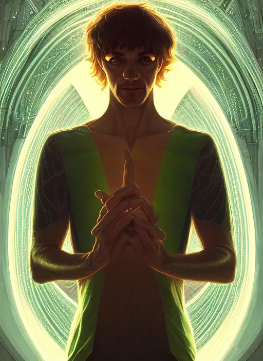 Image similar to symmetry portrait of shaggy rogers, sci - fi, tech wear, glowing lights, intricate, elegant, highly detailed, digital painting, artstation, concept art, smooth, sharp focus, illustration, art by artgerm and greg rutkowski and alphonse mucha
