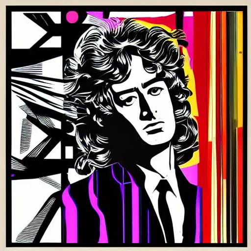 Image similar to Wall mural portrait of Jimmy Page, urban art, pop art, artgerm, by Roy Lichtenstein