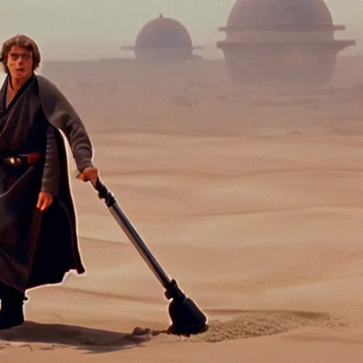 Image similar to anakin skywalker vacuuming the sand in tatooine