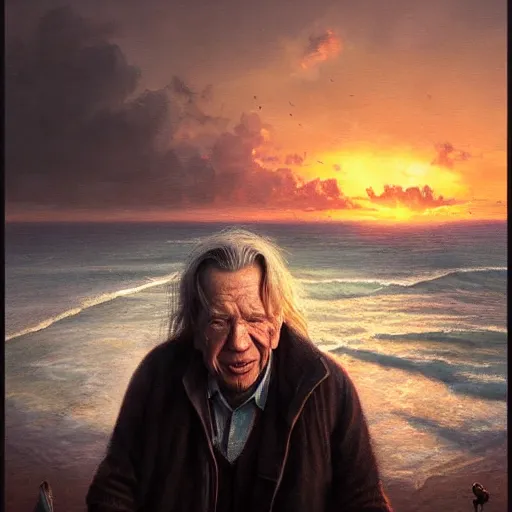 Image similar to portrait of elderly mickey rourke, sunset, gorgeous view, depth, painted by seb mckinnon, high detail, digital art, painted by greg rutkowski, trending on artstation