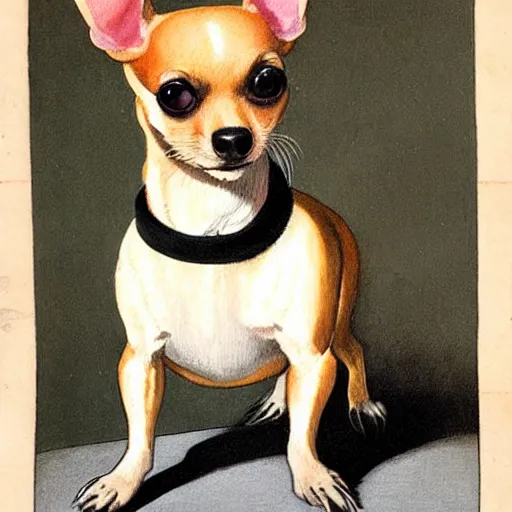 Image similar to fancy dress chihuahua painted by john james audubon. high - quality character portrait. large black eyes, slightly rounded face, pointed chin, black tank top, black leather jacket, black knee - length skirt, black choker.