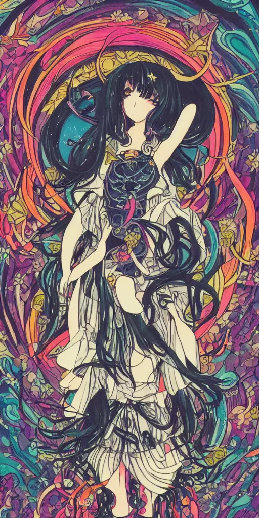 Prompt: a magical anime girl under the moon, dark colours, drawn in classic Japanese style amazing line work, high quality, Psychedelic, Tarot card, tarot card the moon