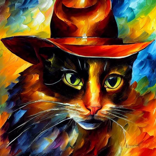 Prompt: portrait painting of a cat as an explorer like Indiana Jones, leather hat by Leonid Afremov