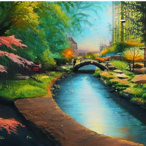 Prompt: Small cosy stream in city of the future in harmony with nature. Nice colour scheme, soft warm colour. Beautiful detailed painting by Lurid. (2022)