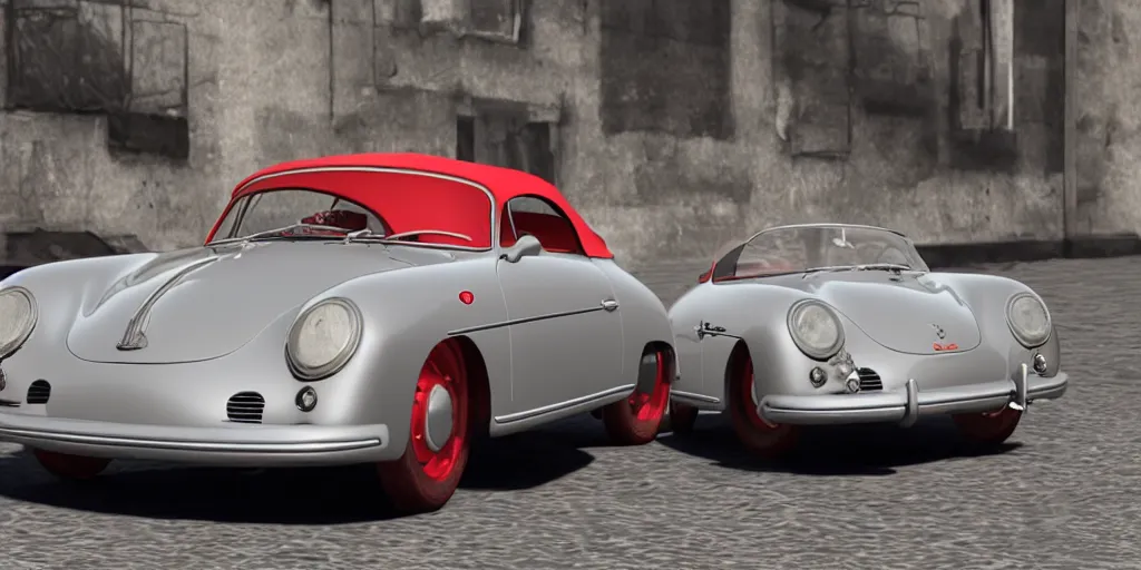 Prompt: abadoned silver porsche 356 roadster, roof up, red interior, white background, unreal engine