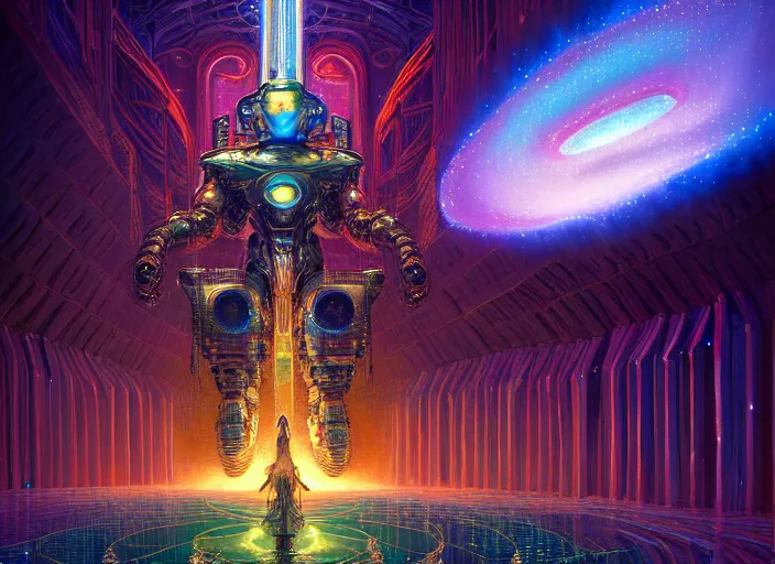 Prompt: a cinematic view of a large cyber robot altar shrouded by mystic nebula magic in an endless temple library by moebius and android jones, galactic waterfalls, oil on canvas sharp, details, hyper - detailed, hd, hdr, 4 k, 8 k