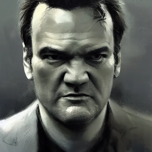 Image similar to A realistic hyperdetailed wide-shot digital oil portrait painting of an quentin tarantino in the style of Guy Denning, Ruan Jia, and Craig Mullins. Trending on ArtStation, DeviantArt, and Instagram. CGSociety Digital art. quentin tarantino.