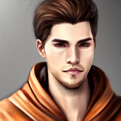 Prompt: realistic portrait, 25 years old man :: athletic fantasy mage :: green eyes, long slightly loosened brown hair :: wearing a brown robe :: high detail, digital art, RPG, concept art, illustration