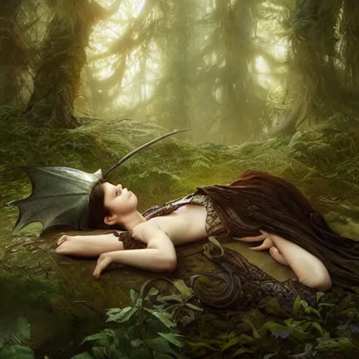 Prompt: a dragon sleeping in a forest, ultra realistic, concept art, intricate details, eerie, highly detailed, photorealistic, octane render, 8 k, unreal engine. art by artgerm and greg rutkowski and charlie bowater and magali villeneuve and alphonse mucha