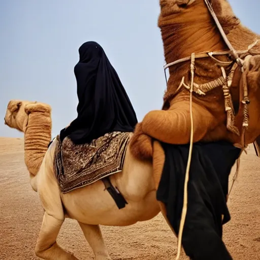 Prompt: anna forsterling and saul bromberger, yulia nevskaya, pulitzer, photorealistic, detailed details / woman wear burqa ride camel and handling gun