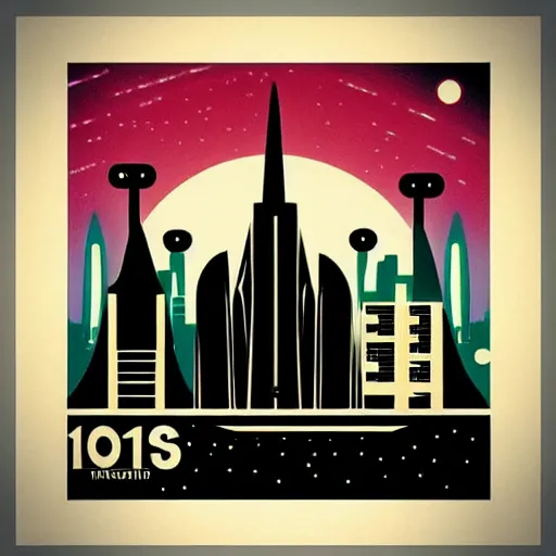 Image similar to “1950s art deco style robot silhouette facing a futuristic city, planets and stars in the background, retro poster.”