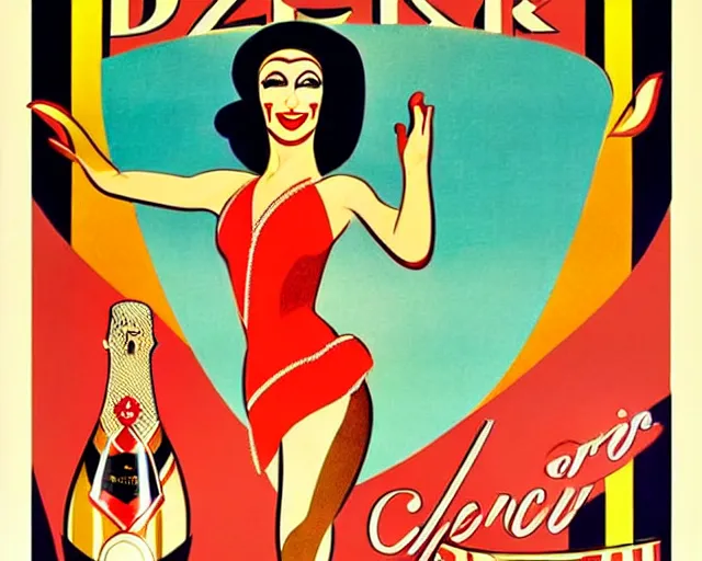 Prompt: art deco poster, dancer, cher, melchizedek champagne bottle. cheerful, bright