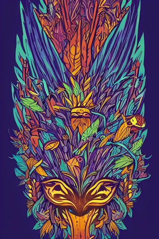 Image similar to animal mask totem roots flower tribal feather gemstone plant wood rock shaman vodoo video game vector cutout illustration vivid multicolor borderlands comics by josan gonzales and dan mumford radiating a glowing aura