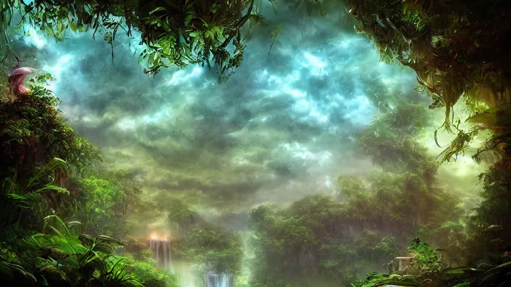 Prompt: Beautiful Thunderstorm in the jungle” Beautiful Dreamscape, Digital art, concept art, detailed, lovely colors, Art station,3-D 4K, beautiful background, matte painting, ,