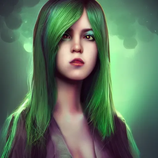 Prompt: portait elissar zakaria khoury lebanese artist, centred, sadness look, long purple hair, hd, unreal engine, final fantasy style amazing green background theme