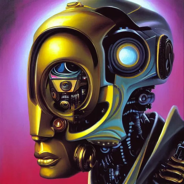 Image similar to a beautiful painting cyberpunk robot eddie murphy face, by boris vallejo realistic oil painting
