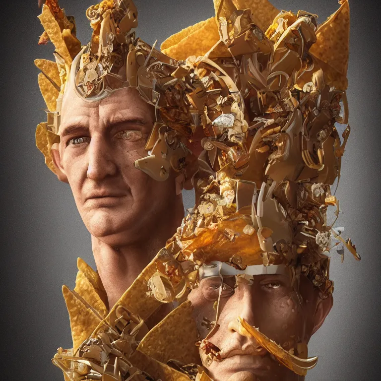 Image similar to octane render portrait by wayne barlow and carlo crivelli and glenn fabry and salvador dali and wes anderson, a futuristic ancient greek god of nachos, cinema 4 d, ray traced lighting, very short depth of field, bokeh