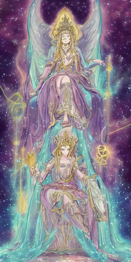 Image similar to a mystical woman priestess sitting on a throne, the divine feminine, drawn by studio UFOTABLE, pastel colors, Tarot cards. The empress tarot card, detailed, anime